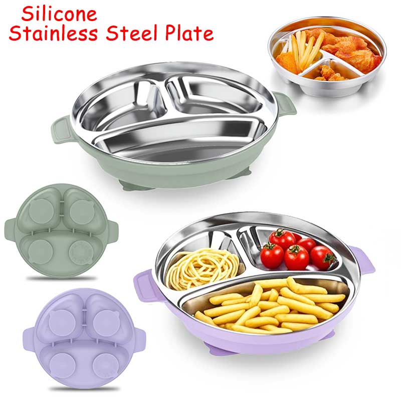 Silicone Suction Bowl - Baby Feeding Plate Stainless Steel 3-Compartment